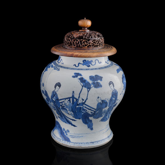 Oakridge Auction Gallery清康熙 青花三娘教子圖將軍罐（附硬木蓋）  A Chinese blue and white 'Sanniang Teaching Her Son' narrative jar
