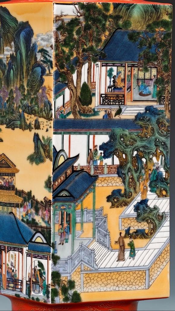 日本松町古美琺瑯彩大觀園通景山水紋四棱方瓶