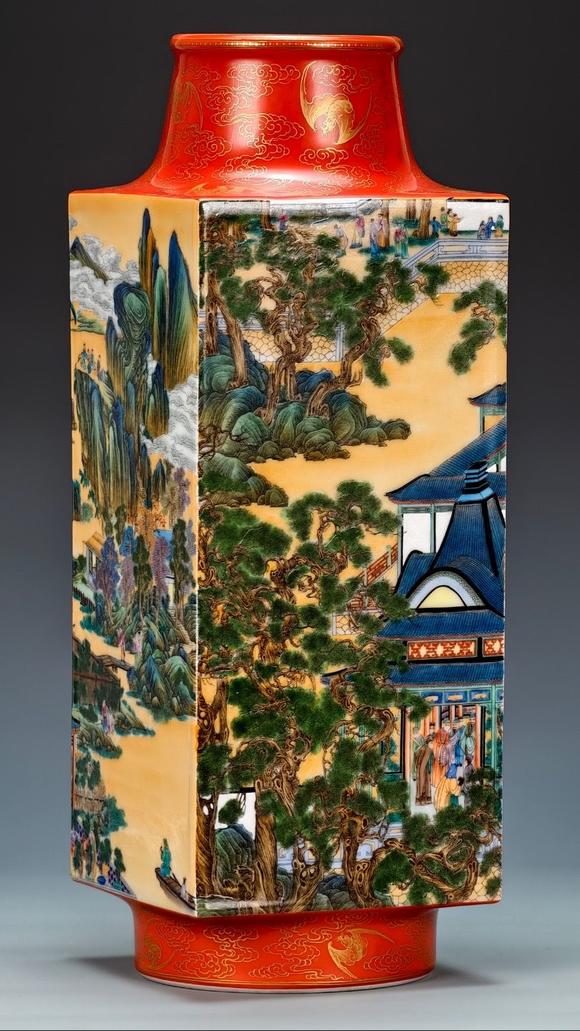 日本松町古美琺瑯彩大觀園通景山水紋四棱方瓶