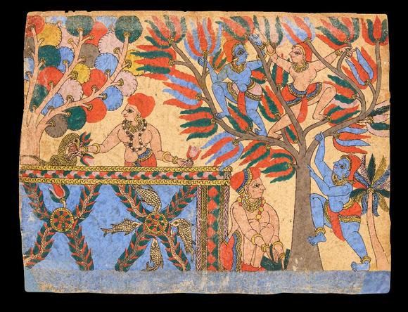 RoseberysA Paithan painting of Krishna climbing the Kadamba tree,
Maharashtra, India, 19th century?


opaque pigments on paper, with cowherds, on the bank