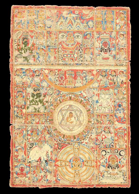 RoseberysA Jain mandala painting,
Western India, 16th century?

Gouache and gold on cloth, with a central Jina within a lotus form mandala and Om-Hrim yant