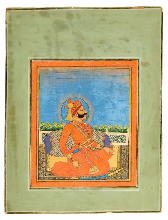 RoseberysAn illustrated detached folio : a seated portrait of Rao Bishan Singh of Bundi (1804-21),?
Kishangarh, India, circa1810,?

Opaque pigments height