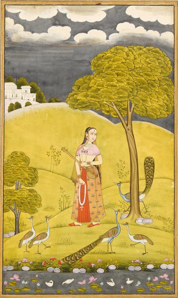 RoseberysAn illustration to a ragamala series: Kakubha Ragini,?
Deccan, Central India, mid-18th century,

opaque pigments heightened with gold on paper, a