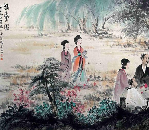 日本松町古美傅抱石 對弈圖