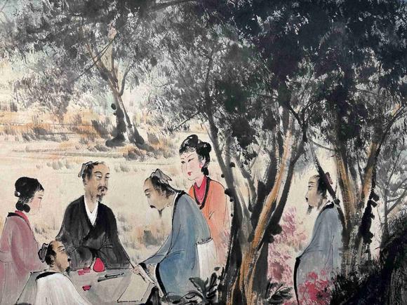 日本松町古美傅抱石 對弈圖