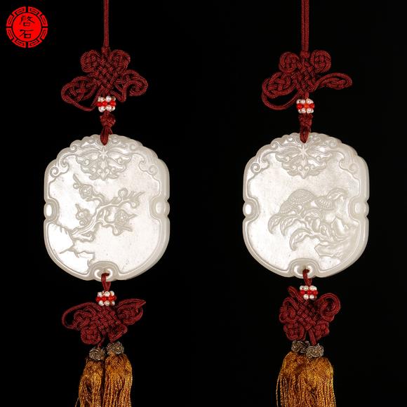 北京啟石清中期 梅蘭竹菊白玉對牌