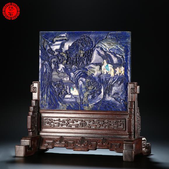北京啟石清 山水人物嵌寶插屏
