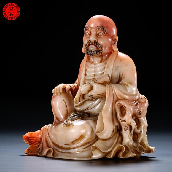 北京啟石清 持卷羅漢擺件（帶紫檀座）