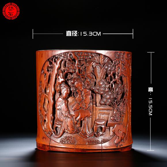 北京啟石清 沈大生竹刻庭院仕女圖筆筒