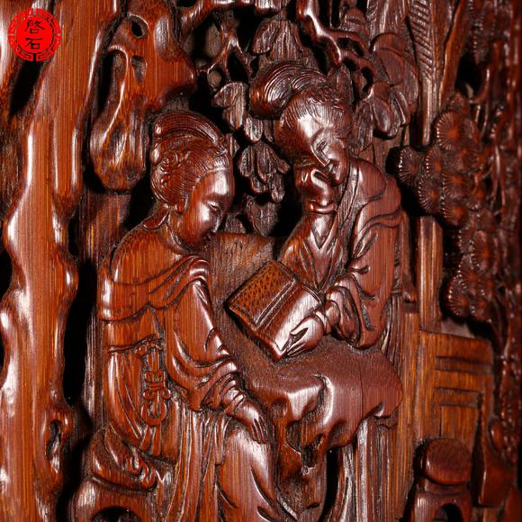 北京啟石清 沈大生竹刻庭院仕女圖筆筒