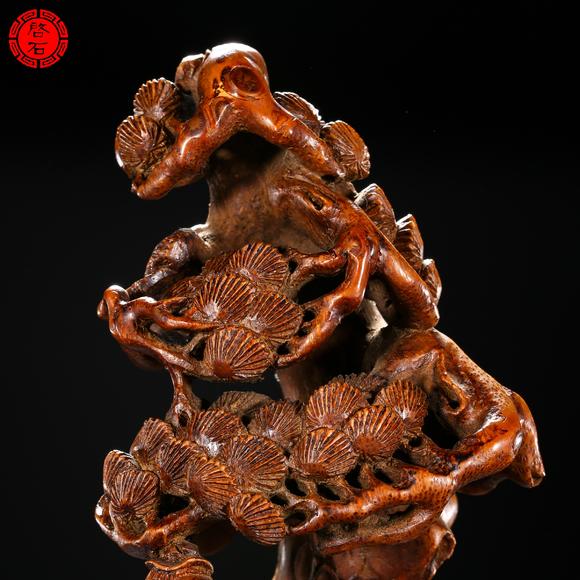 北京啟石清 竹根雕“淵愛(ài)菊”擺件（帶木座）