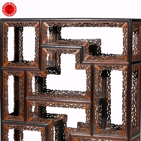 北京啟石清 紫檀嵌黃楊博古架一對