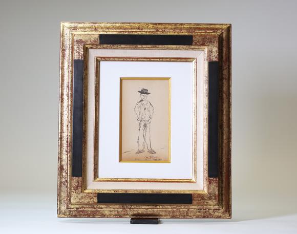 Goldfield Auction sarlsCharles Marion Russell (1864–1926), dessin représentant ? Billy the Kid ?, encre sur papier, daté 1910.
Etat : bon
Mesure avec cadre : H 42,5 cm x