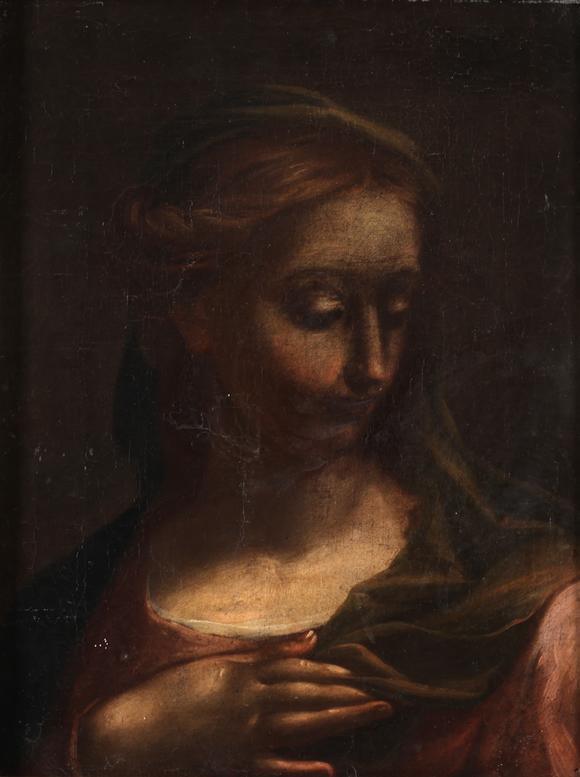 Goldfield Auction sarlsAttribué à Elisabetta Sirani (Bologne, 1638-1665), entourage de — Sainte ou Vierge en méditation, huile sur toile.
élégante composition de forme ver