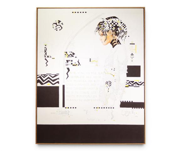 Goldfield Auction sarlsChristian LE MOULT (1941-2024), huile sur toile représentant une jeune femme de profil dans une composition stylisée mêlant motifs géométriques et ins