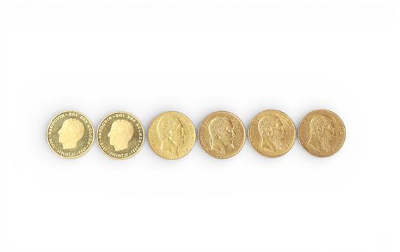 Goldfield Auction sarlsLot de pièces et médailles en or, comprenant notamment des 20 francs Napoléon III et Léopold II, XIXe siècle
Etat : Bon 
Diamétre : 2,2 cm
Poids :