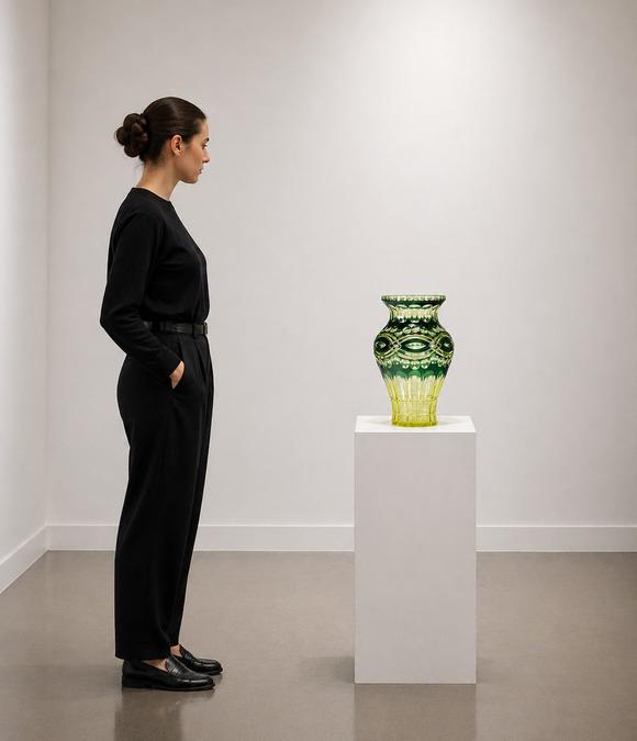 Goldfield Auction sarlsVal Saint Lambert, important vase en cristal taillé et doublé vert uranium, à décor richement facetté de larges godrons, cabochons et motifs géométriq