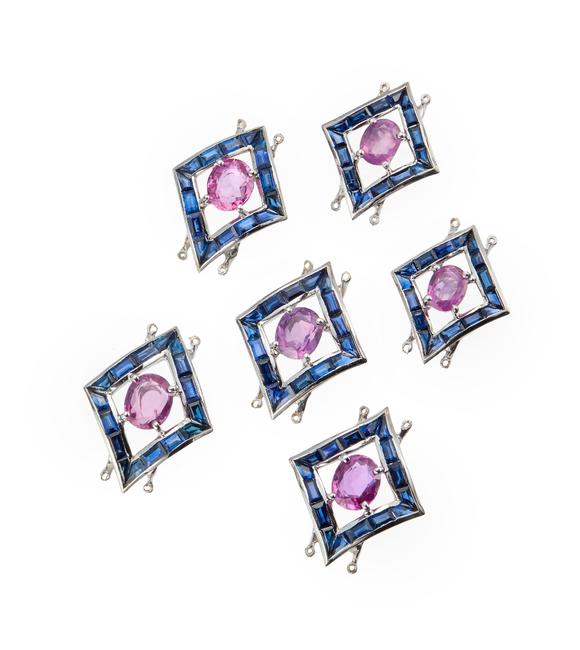 RoseberysA set of six pink sapphire and sapphire links, composed of four larger and two smaller lozenge shaped openwork panels, each with central single claw-s