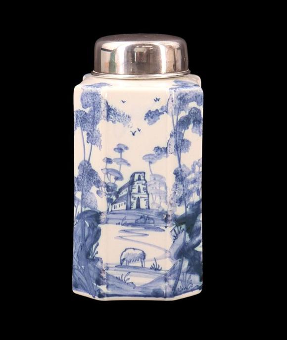 Clarke Auction GallerySILVER. English Silver Mounted Delftware Tea Caddy