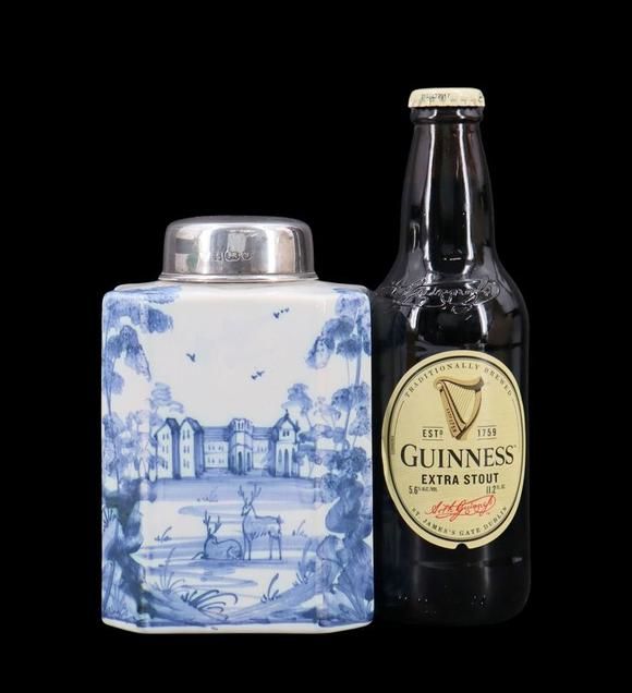 Clarke Auction GallerySILVER. English Silver Mounted Delftware Tea Caddy