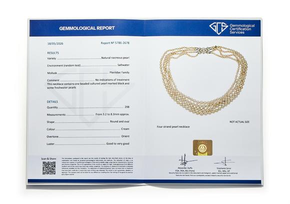 DreweattsAN EARLY 20TH CENTURY FOUR ROW NATURAL PEARL AND DIAMOND NECKLACE