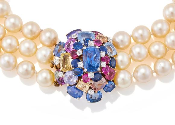 DreweattsA SAPPHIRE, COLOURED SAPPHIRE, DIAMOND AND CULTURED PEARL NECKLACE