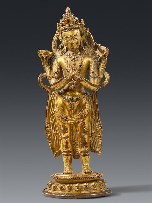Kunsthaus Lempertz KGA small Nepalese fire-gilt copper alloy figure of Maitreya. 14th century