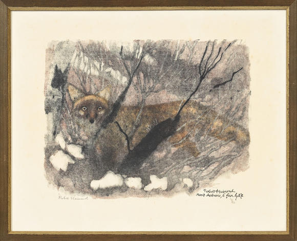 Piguet - H?tel des VentesRobert Hainard (1906-1999),  Apparition de renard , 6 février 1987, bois gravé, signé, [...] et numéroté 19/82 au crayon, 28,2x36,2 cm