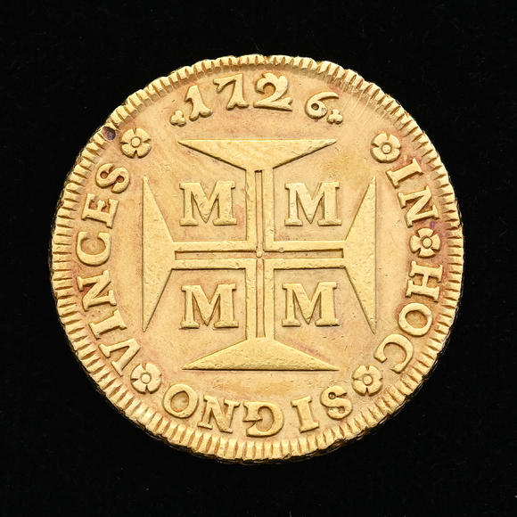 Piguet - H?tel des VentesBrésil, Jo?o V (1724-1750), 20.000 reis en or, 1726, Minas Gerais, tranche feuillagée, diam. 3,87 cm, 53,3 g.