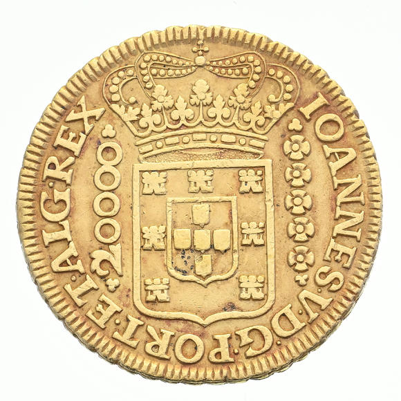 Piguet - H?tel des VentesBrésil, Jo?o V (1724-1750), 20.000 reis en or, 1726, Minas Gerais, tranche feuillagée, diam. 3,87 cm, 53,3 g.