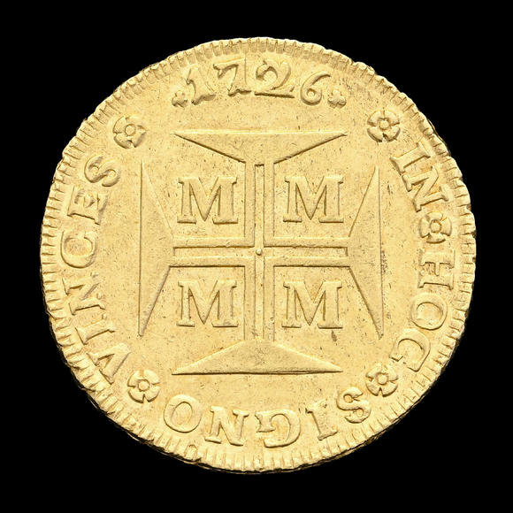 Piguet - H?tel des VentesBrésil, Jo?o V (1724-1750), 20.000 reis en or, 1726, Minas Gerais, tranche feuillagée, diam. 3,8 cm, 53,6 g.