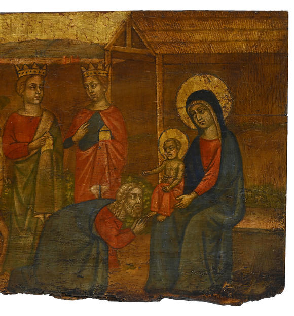 Piguet - H?tel des VentesAdoration des trois rois mages, ic?ne sur panneau polychrome et doré, XIXe dans le style italo-crétois XIVe s., 45x120 cm