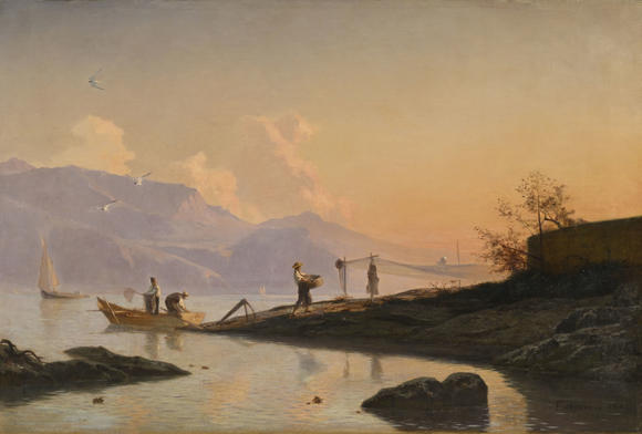 Piguet - H?tel des VentesFran?ois Bocion (1828-1890),  La pose des filets pour la pêche , 1861, huile sur toile, signée et datée, 56x82 cm
