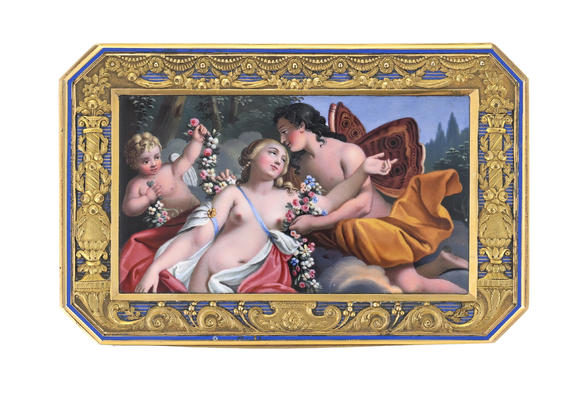 Piguet - H?tel des VentesTabatière en or et émail, Russie, Saint Pétersbourg fin XIXe s., le dessus centré d'une miniature en émail plein d'Ariadne et DionysusGold and enamel snuff box, Saint Petersburg, late 19th century,