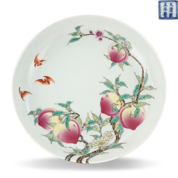 KARSON AUCTIONQing Yongzheng period, Famille Rose Dish with Branch-Extending Eight Peaches and Five Bats