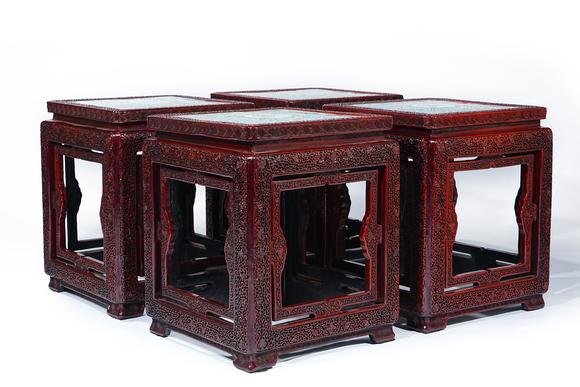 HUNG YUN ZHAI AUCTION HOUSE INCQing Dynasty Set of Red Lacquer Carved and Cloisonné Enamel Inlaid Landscape and Figure Story Square Table and Chairs