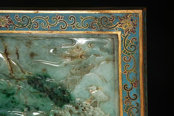 HUNG YUN ZHAI AUCTION HOUSE INCQianlong Period Imperial Bronze Cloisonné Enamel Stand Screen Inlaid with Jadeite and Landscape with Figures