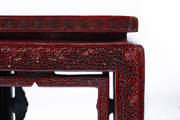 HUNG YUN ZHAI AUCTION HOUSE INCQing Dynasty Set of Red Lacquer Carved and Cloisonné Enamel Inlaid Landscape and Figure Story Square Table and Chairs