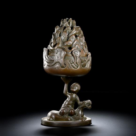 HUNG YUN ZHAI AUCTION HOUSE INCBronze Boshan Incense Burner with Central Asian (Hu) Figure Riding a Beast