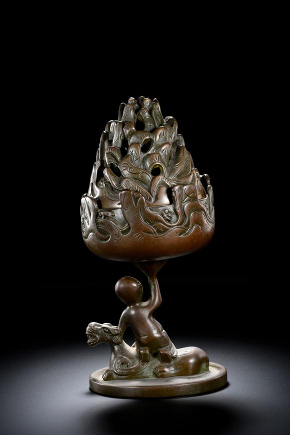 HUNG YUN ZHAI AUCTION HOUSE INCBronze Boshan Incense Burner with Central Asian (Hu) Figure Riding a Beast