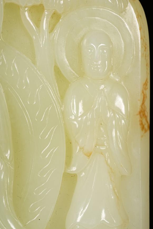 HUNG YUN ZHAI AUCTION HOUSE INCThree Hetian White Jade Buddhist Statues with Spinach Green Jade Base