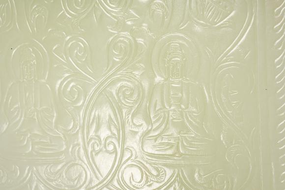 HUNG YUN ZHAI AUCTION HOUSE INCThree Hetian White Jade Buddhist Statues with Spinach Green Jade Base