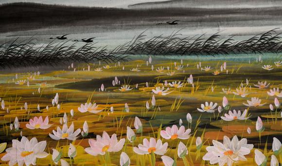 HUNG YUN ZHAI AUCTION HOUSE INCFramed Lotus Pond Painting by Lin Fengmian