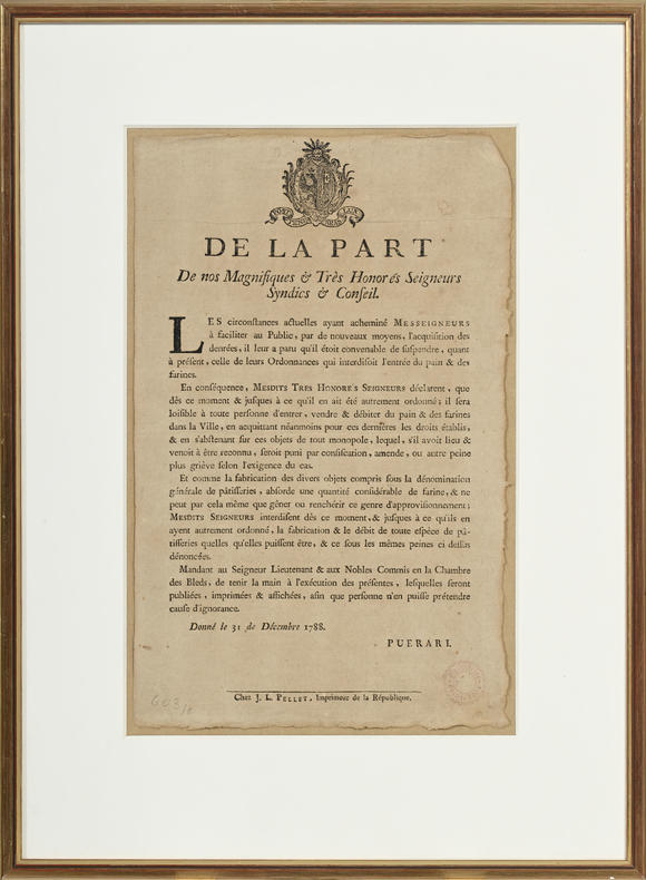 Piguet - H?tel des VentesHELVETICA. édit de Genève de 1788 relatif à la régulation de l'approvisionnement de la farine, 23x36,5 cm, encadré