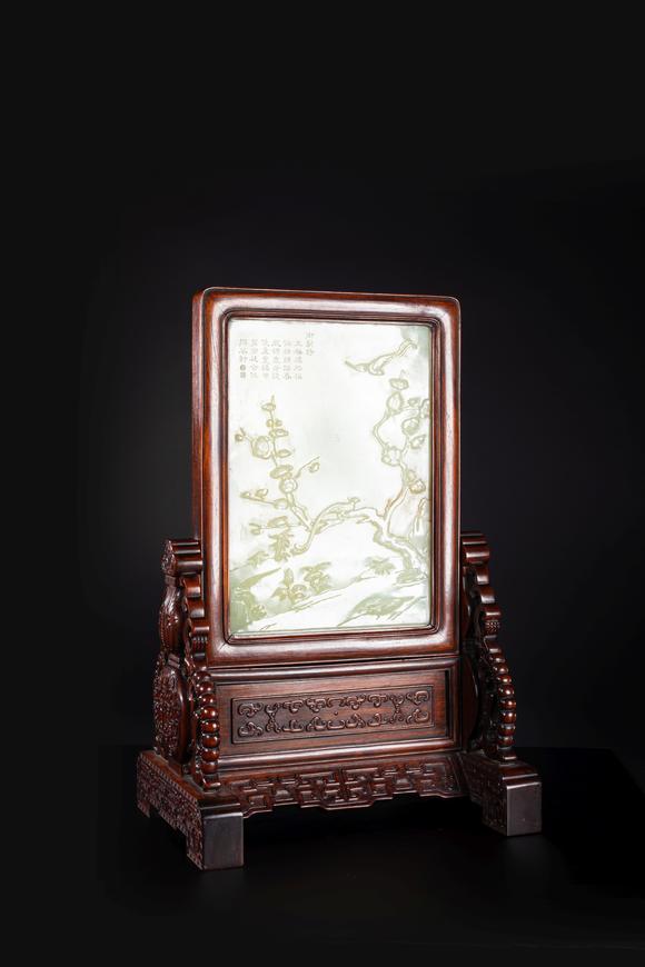 中鴻信清乾隆 黃玉雕高士喜鵲登梅御題詩(shī)文插屏一對(duì)