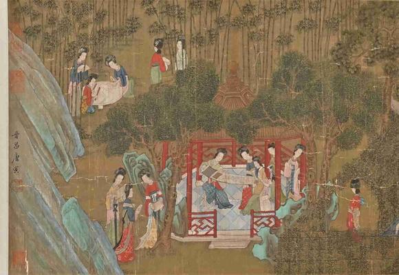 日本松町古美唐寅  宮苑仕女游春圖