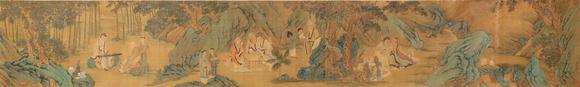 東京銀座（古美術(shù)宋磁）趙伯駒（鑒藏印：朱文鈞幼平甫珍藏印、翼盦審定金石書畫記、馬叔平入巴蜀時所得、皇十一子永瑆鑒賞古書真跡珍藏之?。? 雅集圖卷鑒藏印：朱文鈞幼平甫珍藏印、翼盦審定金石書畫記、馬叔平入巴蜀時所得、皇十一子永瑆鑒賞古書真跡珍藏之印