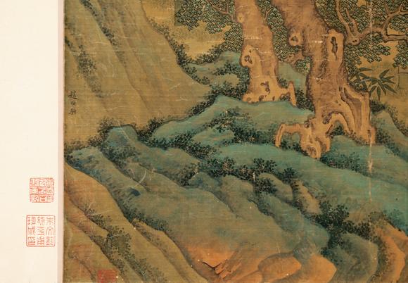 東京銀座（古美術(shù)宋磁）趙伯駒（鑒藏?。褐煳拟x幼平甫珍藏印、翼盦審定金石書畫記、馬叔平入巴蜀時所得、皇十一子永瑆鑒賞古書真跡珍藏之?。? 雅集圖卷鑒藏印：朱文鈞幼平甫珍藏印、翼盦審定金石書畫記、馬叔平入巴蜀時所得、皇十一子永瑆鑒賞古書真跡珍藏之印