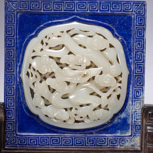 （和正堂株式會社）吉祥美術(shù)元 白玉 硯屏 帶紫檀座