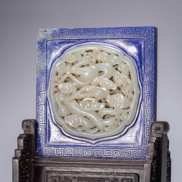 （和正堂株式會社）吉祥美術(shù)元 白玉 硯屏 帶紫檀座